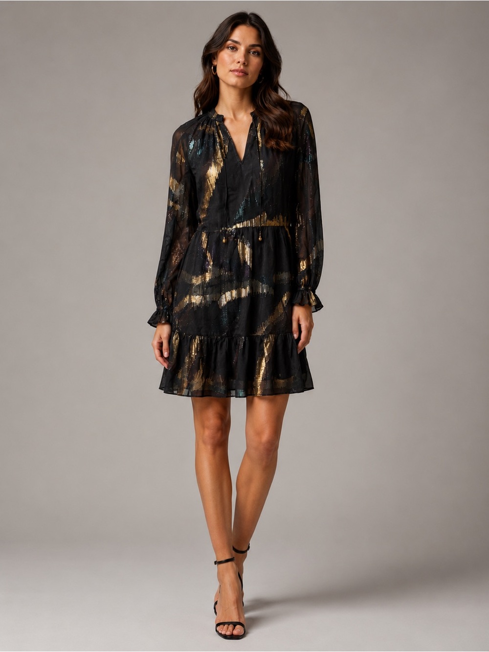 NWT Trina Turk Black & Gold Metallic Rhapsodic Long-Sleeve Tiered Mini Dress